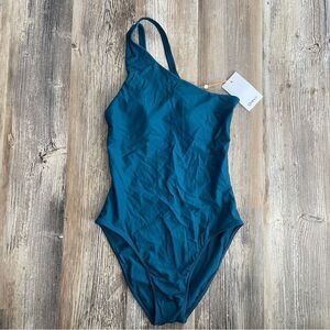 Quince Italian One Shoulder One-Piece Swimsuit Teal Green Size Small NWT